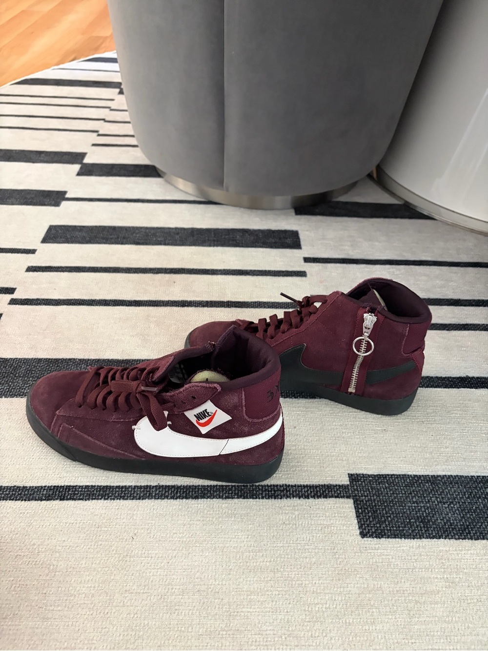Nike Men's Burgundy Suede Mid-Top Sneakers with White Swoosh and Black Sole